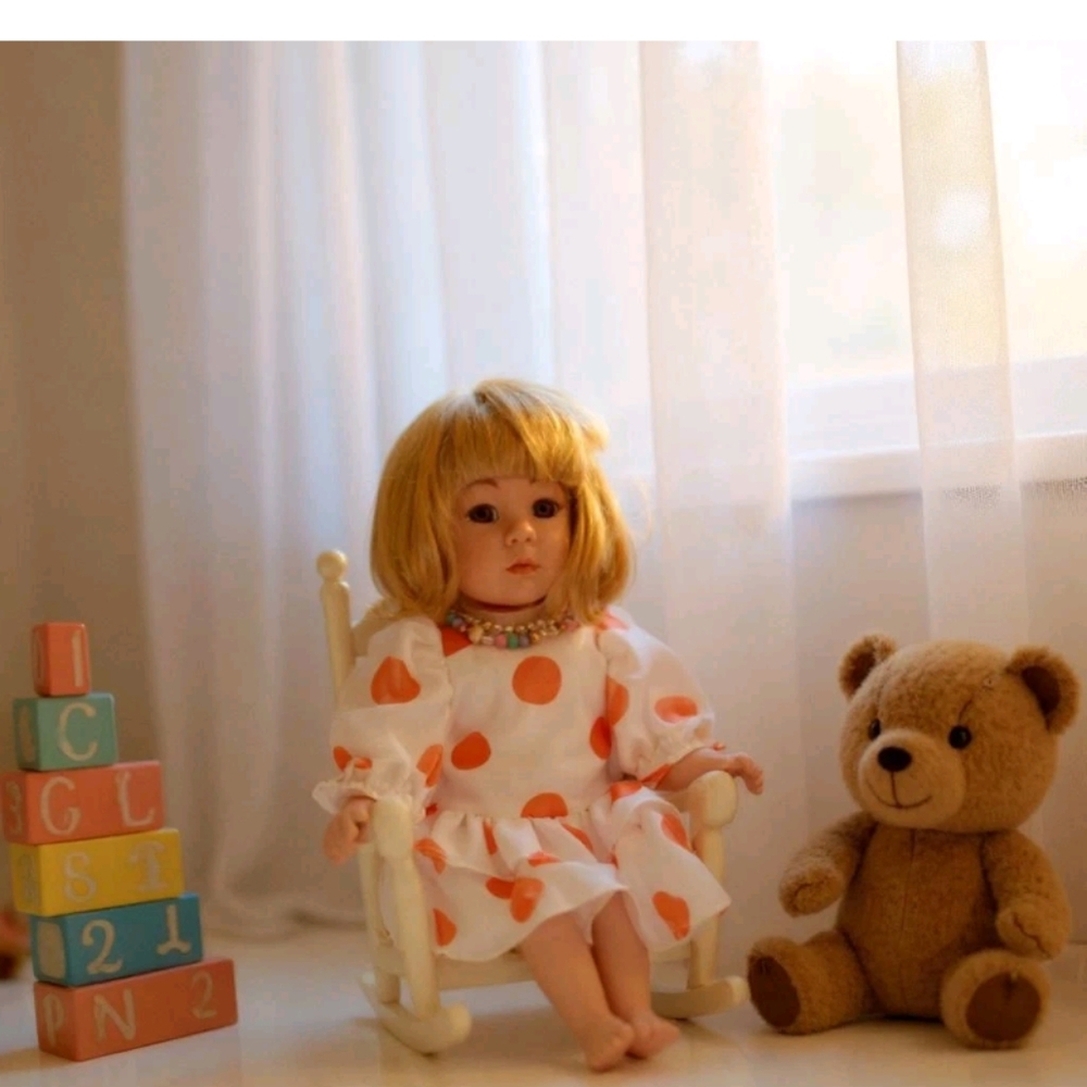 MARIAN YU PORCELAIN DOLL 15" LENGTH Polka Dot Dress Doll with Blonde Hair - Picture 4 of 9